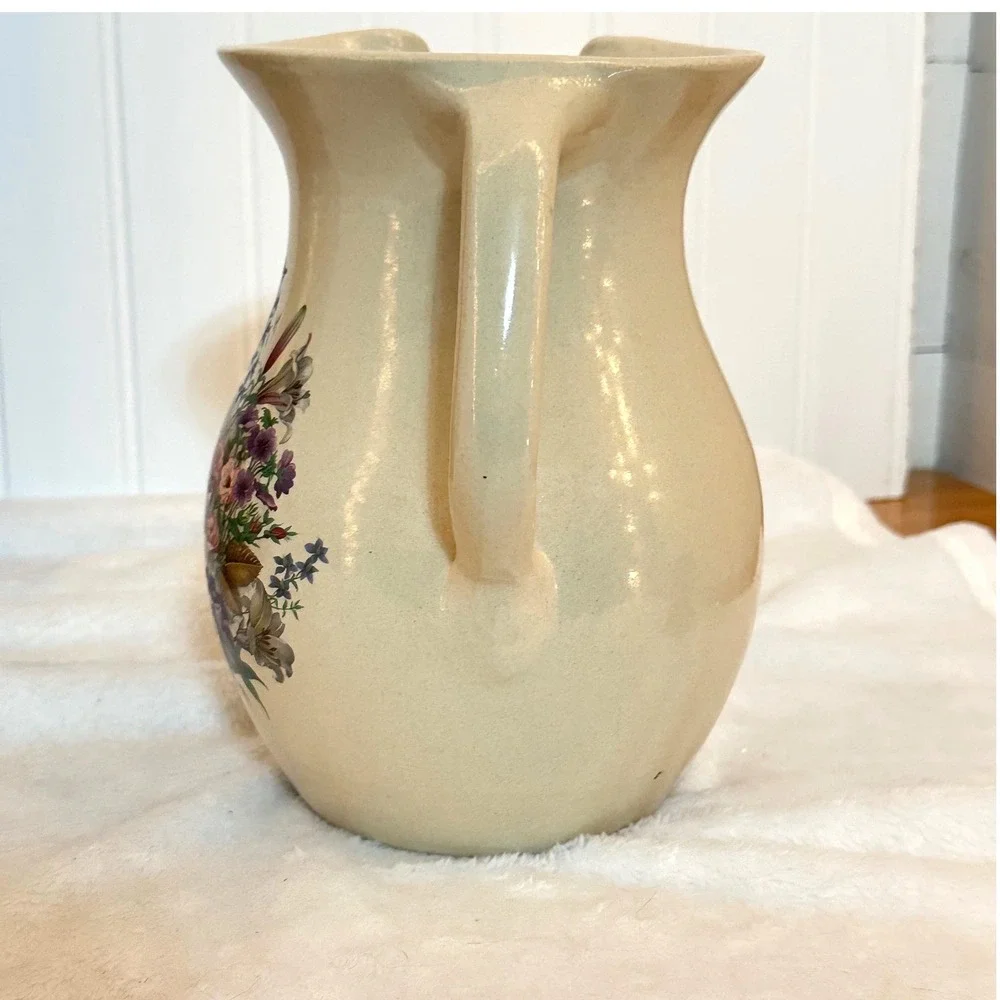 Vintage Shaker & Thangs Pottery Floral Pitcher Cream Excellent Stoneware Vase